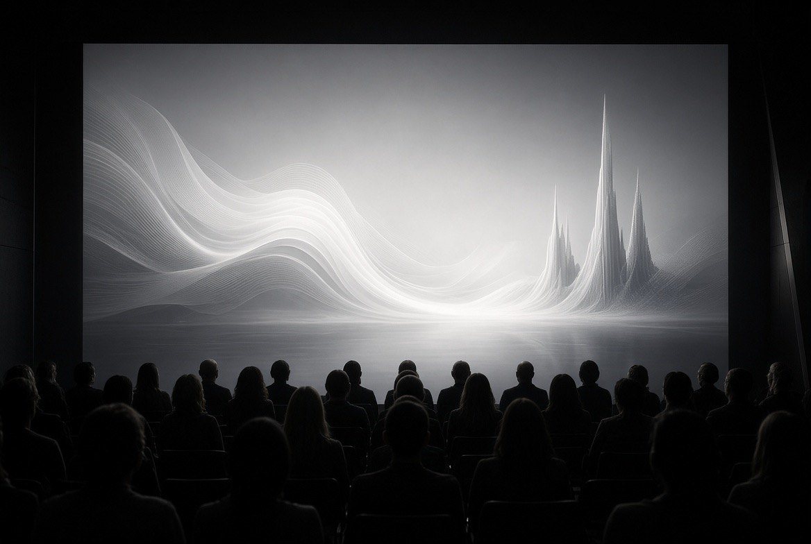 Audience silhouetted in front of a large digital art projection