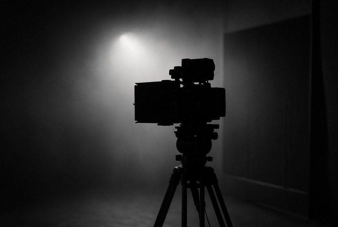 A film camera on a tripod silhouetted against a soft light